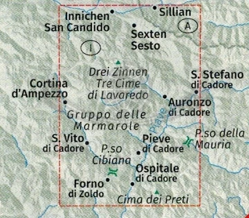Dolomity. Zestaw czterech map turystycznych 672 wydawnictwa Kompass. Mapa 3 - zasięg