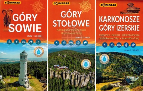 Góry Sowie, Stołowe, Izerskie i Karkonosze. Zestaw trzech laminowanych map turystycznych wydawnictwa Compass