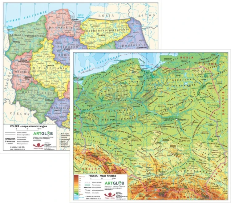 Polska. Dwustronna minimapa / podkładka pod mysz. Administracyjna i fizyczna