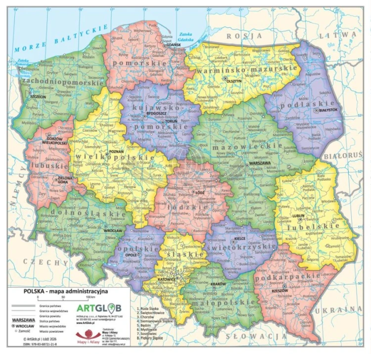 Polska. Dwustronna minimapa / podkładka pod mysz. Administracyjna i fizyczna - strona administracyjna