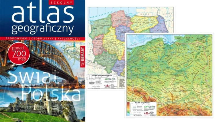 Szkolny atlas geograficzny Demart + dwustronna mini mapa Polski. Zestaw