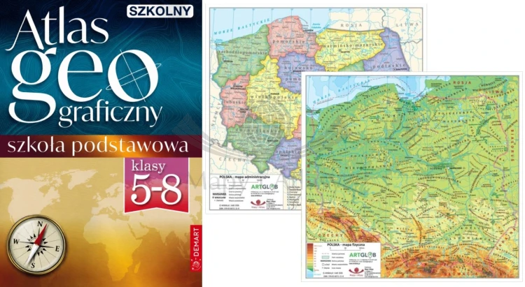 Atlas geograficzny. Szkoła podstawowa, klasy 5-8. Demart + dwustronna mini mapa Polski. Zestaw