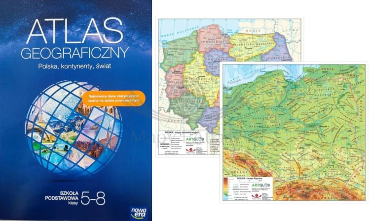 Atlas geograficzny. Szkoła Podstawowa, klasy 5-8. Nowa Era + dwustronna mini mapa Polski. Zestaw