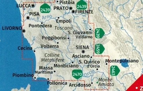 Toskania. Zestaw czterech map turystycznych 2440 wydawnictwa Kompass. Zestaw - zasięg