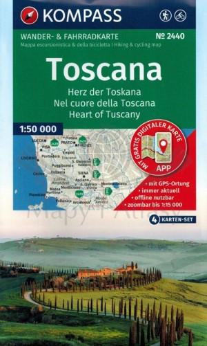 Toskania. Zestaw czterech map turystycznych 2440 wydawnictwa Kompass. Okładka zestawu