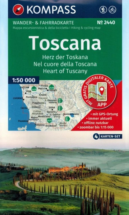 Toskania. Zestaw czterech map turystycznych 2440 wydawnictwa Kompass. Okładka zestawu