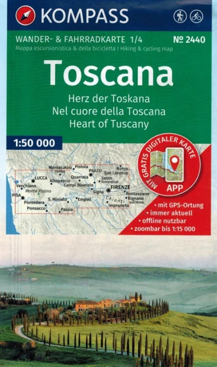 Toskania. Zestaw czterech map turystycznych 2440 wydawnictwa Kompass. Mapa 1 - okładka