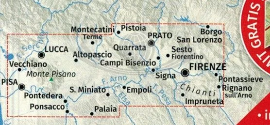 Toskania. Zestaw czterech map turystycznych 2440 wydawnictwa Kompass. Mapa 1 - zasięg