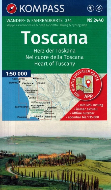Toskania. Zestaw czterech map turystycznych 2440 wydawnictwa Kompass. Mapa 3 - okładka