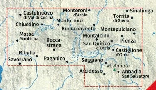 Toskania. Zestaw czterech map turystycznych 2440 wydawnictwa Kompass. Mapa 4 - zasięg