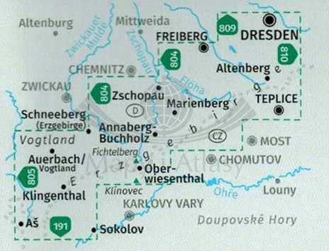 Rudawy / Erzgebirge 1:50 00. Zestaw dwóch map turystycznych 866 wydawnictwa ompass. Zasięg zestawu