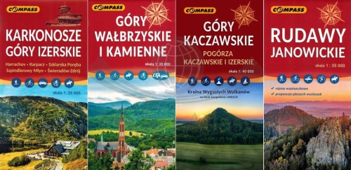 Karkonosze góry Izerskie, Wałbrzyskie i Kamienne, Kaczawskie, Rudawy. Zestaw 4 x mapa turystyczna. Compass