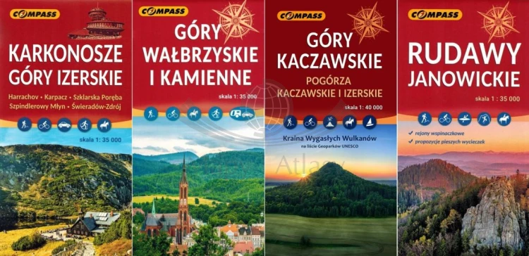 Karkonosze góry Izerskie, Wałbrzyskie i Kamienne, Kaczawskie, Rudawy. Zestaw 4 x mapa turystyczna. Compass