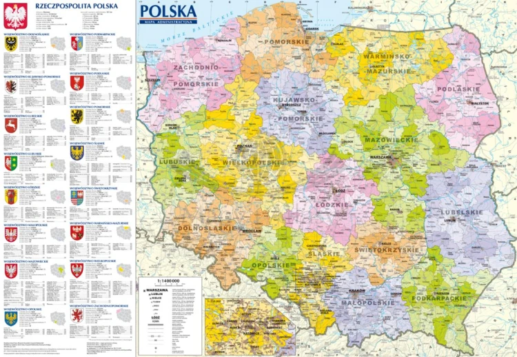 Polska 1:1 400 000. Dwustronna mapa ścienna. Ogólnogeograficzna (fizyczna) i administracyjna. ExpressMap. Strona administracyjna