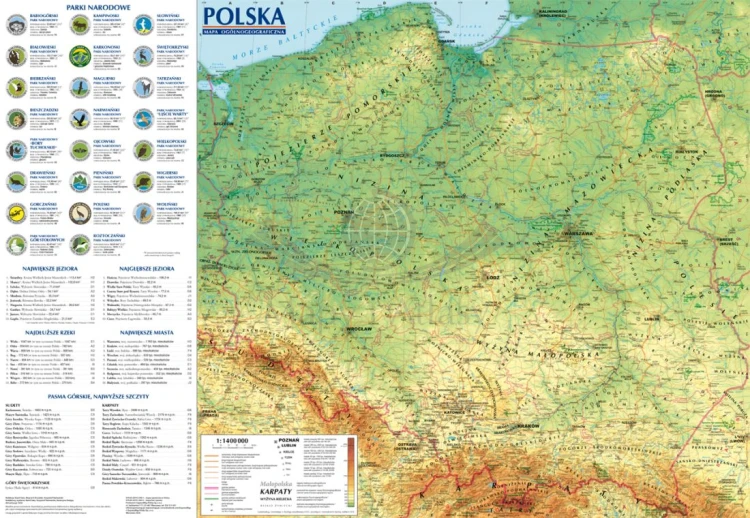 Polska 1:1 400 000. Dwustronna mapa ścienna. Ogólnogeograficzna (fizyczna) i administracyjna. ExpressMap. Strona fizyczna