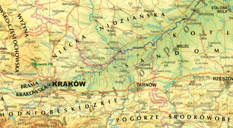 Polska 1:1 400 000. Dwustronna mapa ścienna. Ogólnogeograficzna (fizyczna) i administracyjna. ExpressMap. Strona fizyczna - fragment