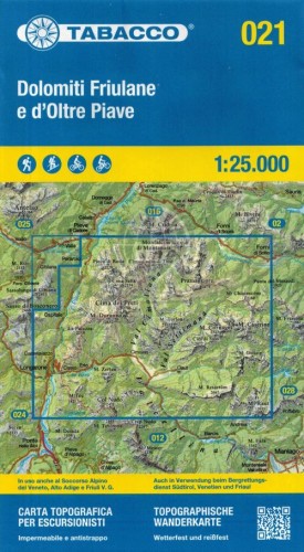 Dolomiti Friulane e d'Oltre Piave 1: 25 000. Wodoodporna mapa turystyczna 021 wydawnictwa Tabacco. Okładka
