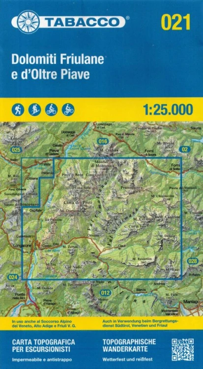 Dolomiti Friulane e d'Oltre Piave 1: 25 000. Wodoodporna mapa turystyczna 021 wydawnictwa Tabacco. Okładka
