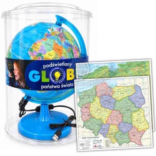 Globus polityczny 20 cm. Państwa świata. Podświetlany. Demart + + dwustronna mini mapa Polski. Zestaw
