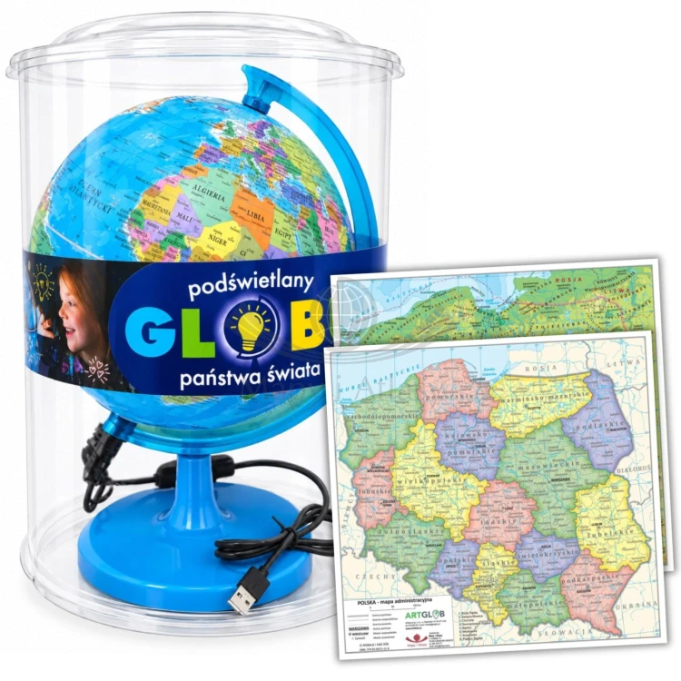 Globus polityczny 20 cm. Państwa świata. Podświetlany. Demart + + dwustronna mini mapa Polski. Zestaw