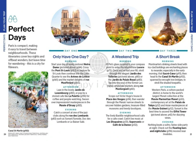 Paryż / Paris. Przewodnik Pocket z mapą wydawnictwa Lonely Planet. Przykładowe strony 1