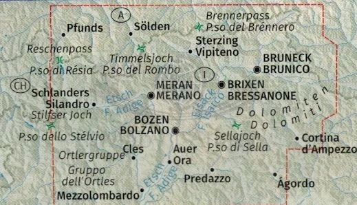 Południowy Tyrol, Dolomity / Sudtirol Dolomiten 1: 150 000. Mapa samochodowo-turystyczna i panoramiczna 356 wydania Kompass. Zasięg