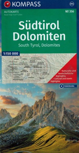 Południowy Tyrol, Dolomity / Sudtirol Dolomiten 1: 150 000. Mapa samochodowo-turystyczna i panoramiczna 356 wydania Kompass. Okładka