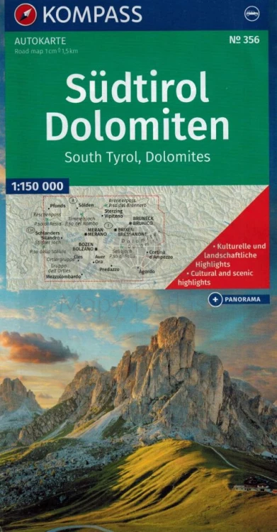 Południowy Tyrol, Dolomity / Sudtirol Dolomiten 1: 150 000. Mapa samochodowo-turystyczna i panoramiczna 356 wydania Kompass. Okładka