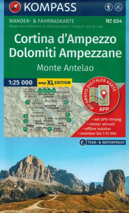 Cortina d'Ampezzo. Dolomiti Ampezzane. Wodoodporna mapa turystyczna 654 wydawnictwa Kompass. Okładka