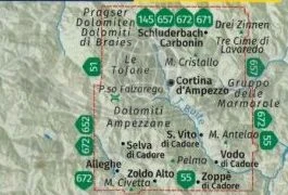 Cortina d'Ampezzo. Dolomiti Ampezzane. Wodoodporna mapa turystyczna 654 wydawnictwa Kompass. Zasięg