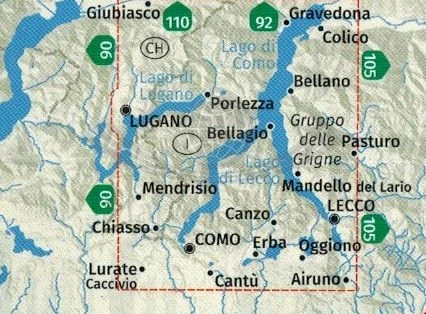 Lago di Como, Lago di Lugano. Mapa turystyczna 91 wydawnictwa Kompass. Zasięg