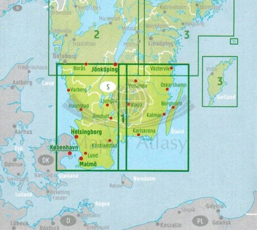 Szwecja Południowa. Malmo, Helsingborg, Kalmar. Mapa samochodowo-turystyczna /1/ wydawnictwa Freytag Berndt. Zasięg