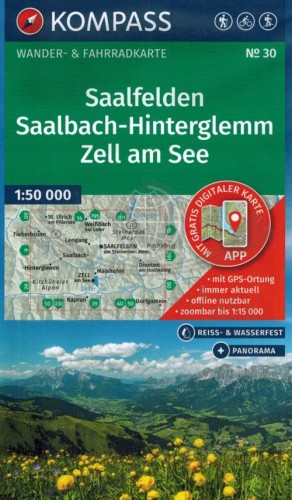 Saalfelden, Saalbach-Hinterglemm, Zell am See. Wodoodporna mapa turystyczna 30 wydawnictwa Kompass. Okładka