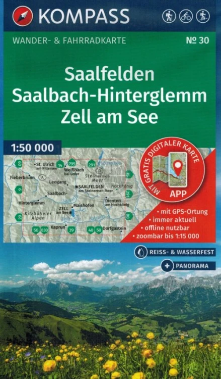 Saalfelden, Saalbach-Hinterglemm, Zell am See. Wodoodporna mapa turystyczna 30 wydawnictwa Kompass. Okładka