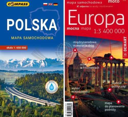 Polska 1:650 000 Compass + Europa 1:3 400 000 Demart.  Zestaw: laminowana mapa samochodowa x 2
