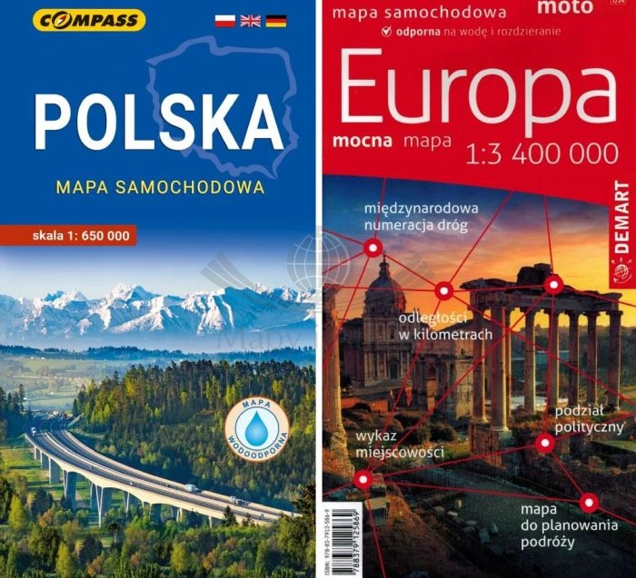 Polska 1:650 000 Compass + Europa 1:3 400 000 Demart.  Zestaw: laminowana mapa samochodowa x 2
