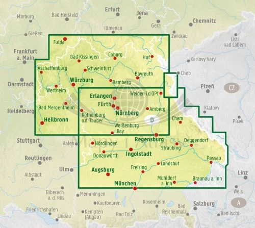 Niemcy: Północna i Środkowa Bawaria 1:200 000. Mapa samochodowa wydawnictwa Freytag & Berndt. Zasięg