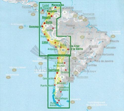 Andy, Ameryka Południowa. Mapa samochodowo-turystyczna wydawnictwa Freytag & Berndt. Zasięg