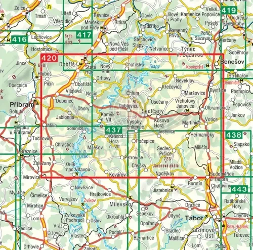 Sedlcansko, Slapy. Mapa turystyczna 420 wydawnictwa Shocart. Zasięg