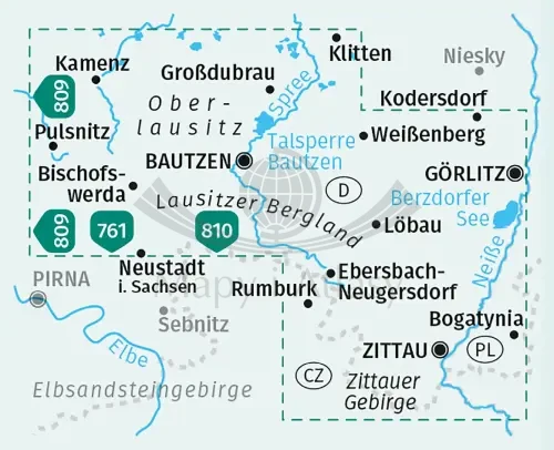 Górne Łużyce, Góry Żytawskie. Wodoodporna mapa turystyczna 811 wydawnictwa Kompass.  Zasięg