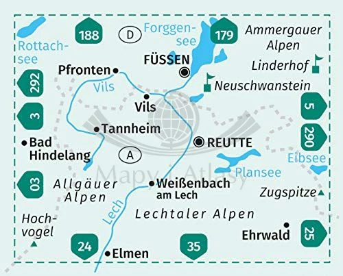 Füssen, Außerfern. Wodoodporna mapa turystyczna 4 wydawnictwa Kompass. Zasięg