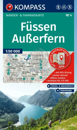 Füssen, Außerfern. Wodoodporna mapa turystyczna 4 wydawnictwa Kompass. Okładka