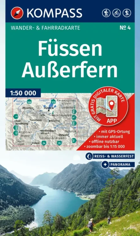 Füssen, Außerfern. Wodoodporna mapa turystyczna 4 wydawnictwa Kompass. Okładka