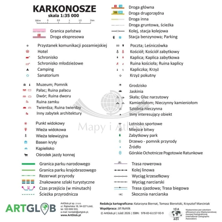 Karkonosze Polskie i Czeskie, Rudawy Janowickie. Mapa turystyczna w ramie drewnianej wydawnictwa ArtGlob. Legenda