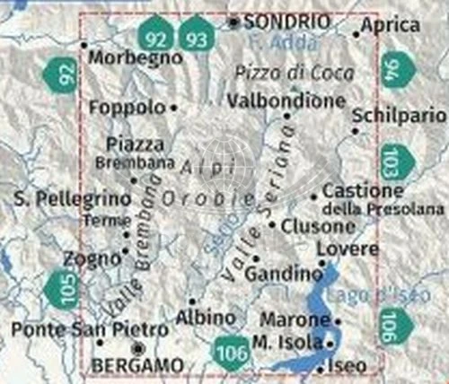 Alpy Bergamskie / Alpi Orobie Bergamasche. Wodoodporna mapa turystyczna 104 wydawnictwa Kompass. Zasięg