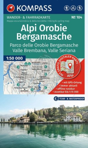 Alpy Bergamskie / Alpi Orobie Bergamasche. Wodoodporna mapa turystyczna 104 wydawnictwa Kompass. Okładka