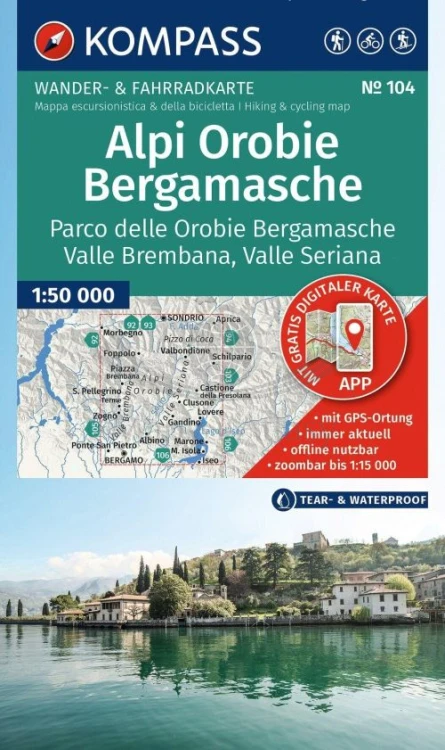 Alpy Bergamskie / Alpi Orobie Bergamasche. Wodoodporna mapa turystyczna 104 wydawnictwa Kompass. Okładka