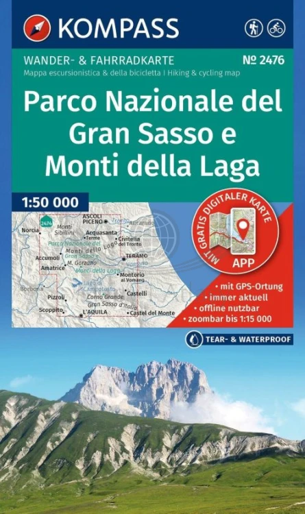 Park Narodowy Gran Sasso i Monti della Laga. Laminowana mapa turystyczna 2476 wydawnictwa Kompass. Okładka