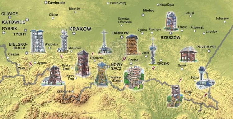 Wieże widokowe: Karpaty Polskie. Pogranicze czeskie i słowackie. Mapa turystyczna wydawnictwa Compass. Zasięg