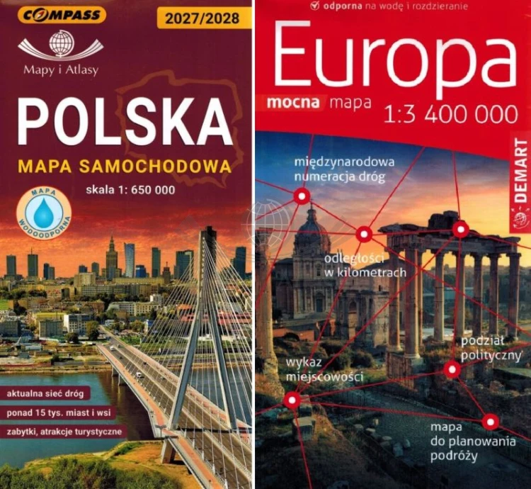Polska 1:650 000 Compass + Europa 1:3 400 000 Demart.  Zestaw: laminowana mapa samochodowa x 2